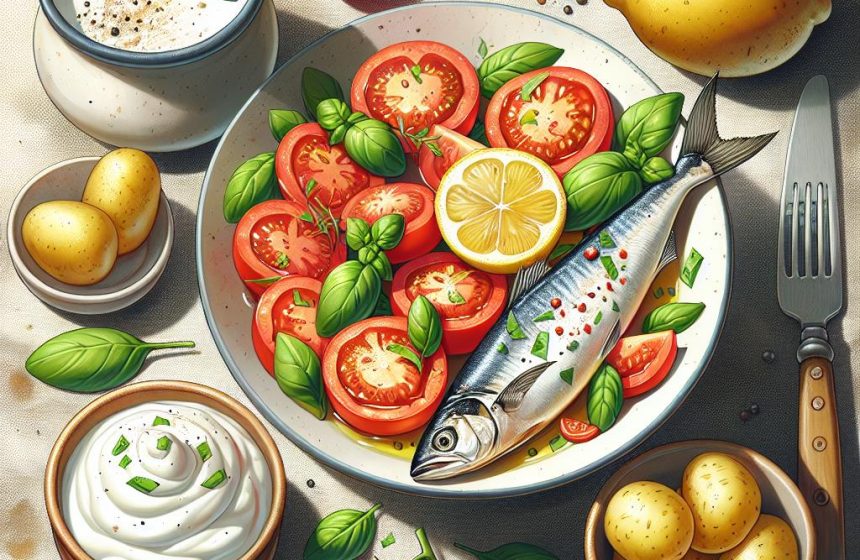 Salade de Tomates, Filet de Sardine Citron Basilic, Pommes de Terre Bouillies et Yaourt