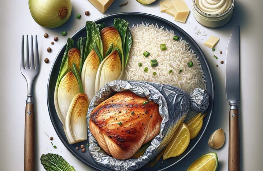 Escalope de Poulet en Papillote avec Riz et Endives Braisées, suivi de Fromage Blanc Vanille