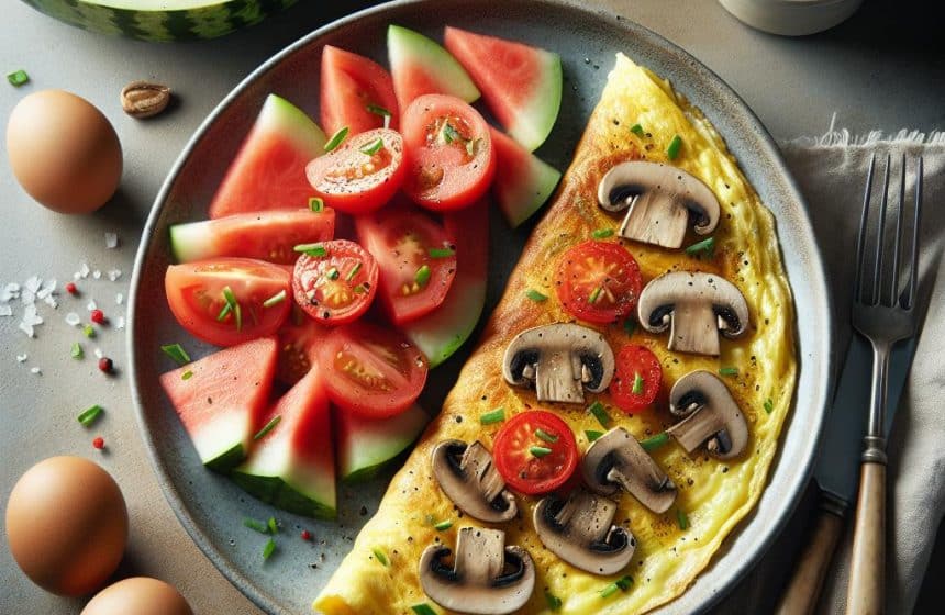 Omelette aux Champignons et Salade de Tomates avec Pastèque