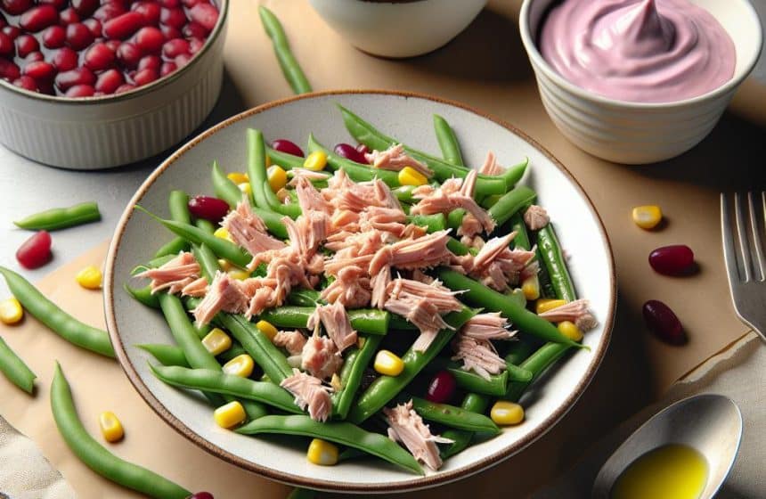 Salade de Haricots Verts, Maïs et Thon avec Yaourt aux Fruits Rouges