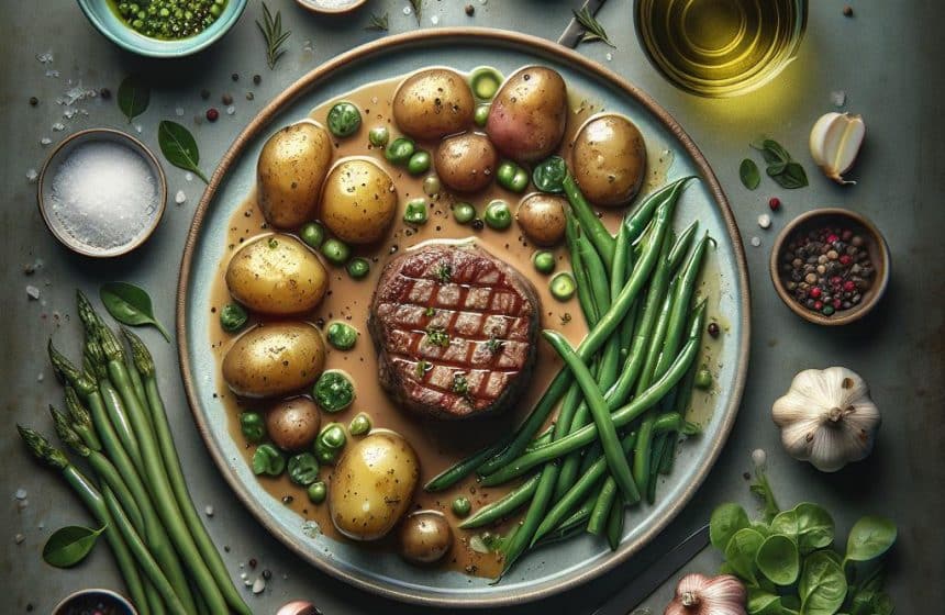 Paupiettes de Veau en Sauce avec Pommes de Terre, Haricots Verts et Salade Verte