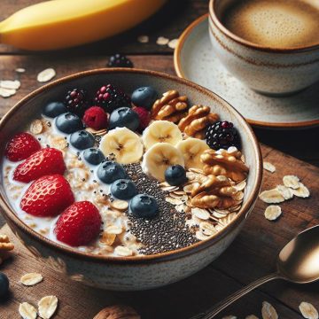 Flocons d’Avoine aux Fruits, Chia, Noix et Lait Mélangé avec Café