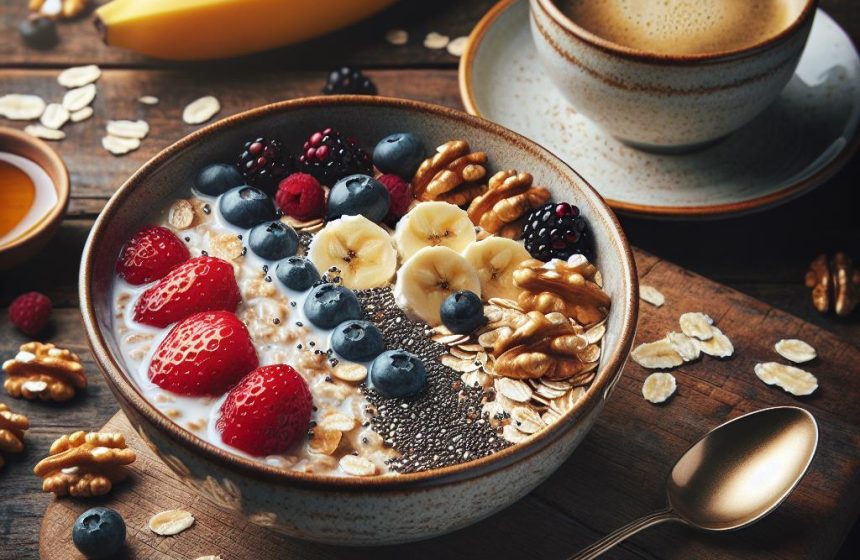 Flocons d’Avoine aux Fruits, Chia, Noix et Lait Mélangé avec Café