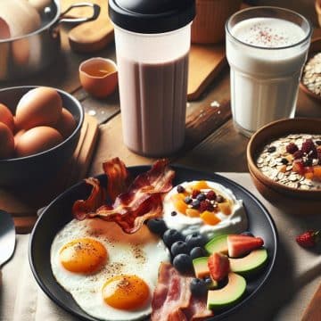 Petit-Déjeuner Énergisant aux Œufs, Bacon, Skyr et Shaker Protéiné