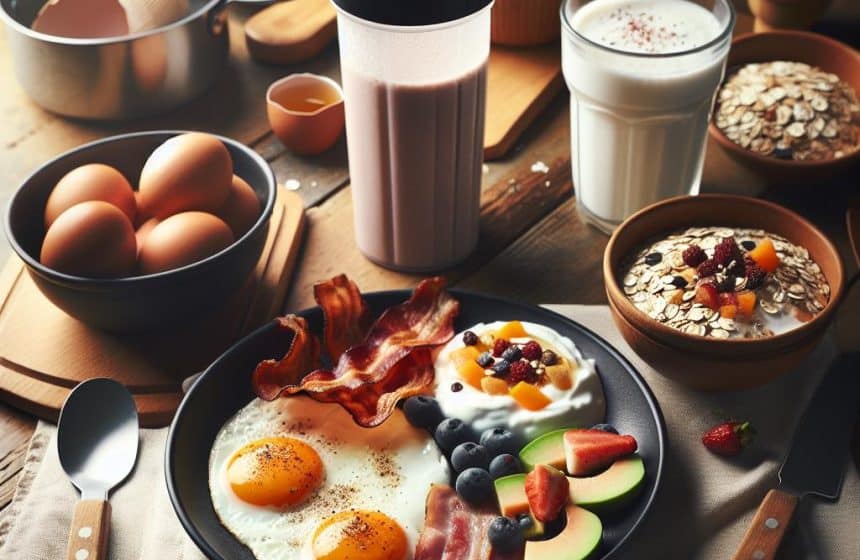 Petit-Déjeuner Énergisant aux Œufs, Bacon, Skyr et Shaker Protéiné