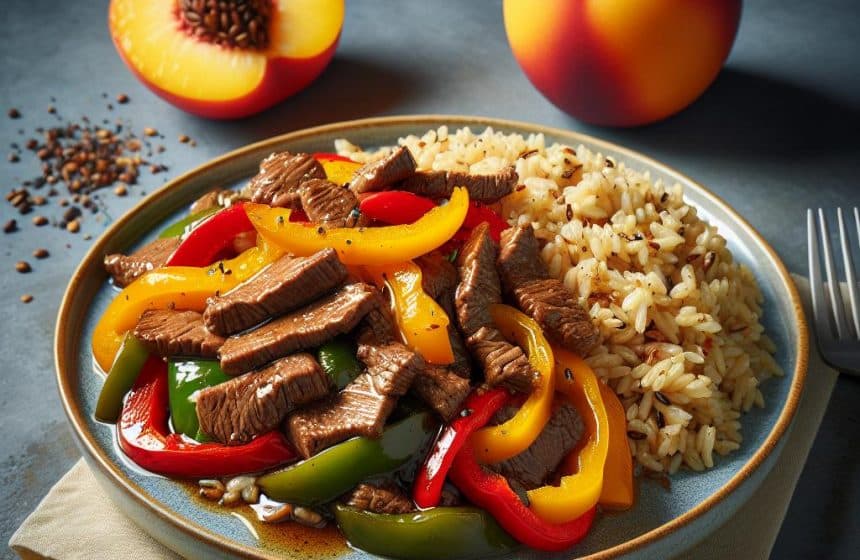 Bœuf Sauté aux Poivrons avec Riz Complet et Nectarine