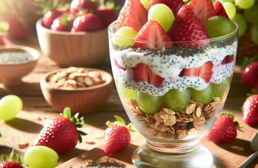 Parfait aux Fraises, Raisins Verts et Granola