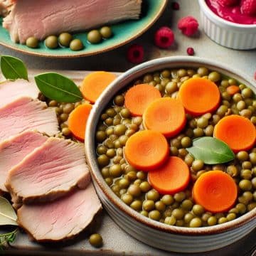 Lentilles mijotées aux carottes avec rôti de porc froid et sky à la framboise