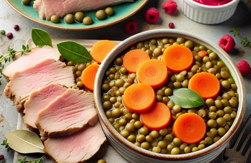 Lentilles mijotées aux carottes avec rôti de porc froid et sky à la framboise