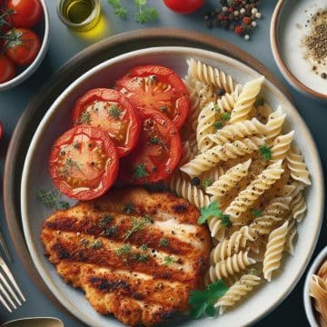 Tomates Assaisonnées aux Herbes, Escalope de Poulet Grillée, Pâtes et Yaourt Nature