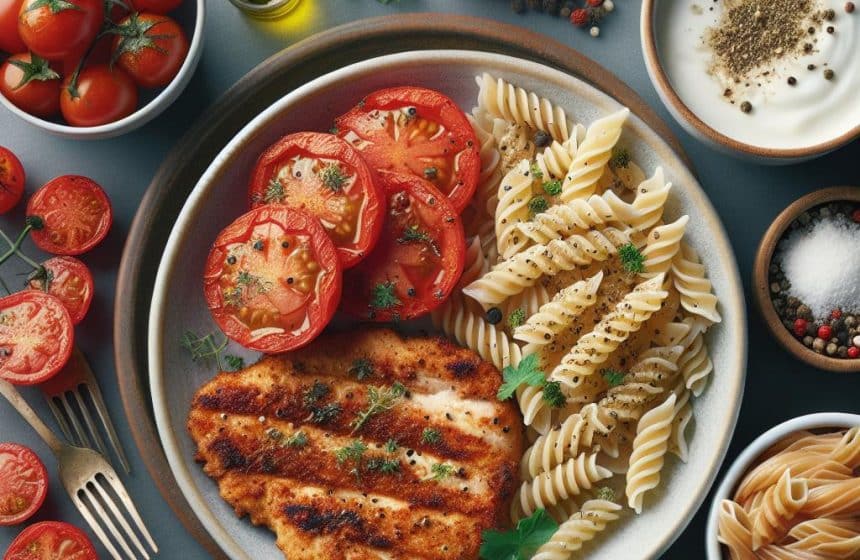 Tomates Assaisonnées aux Herbes, Escalope de Poulet Grillée, Pâtes et Yaourt Nature