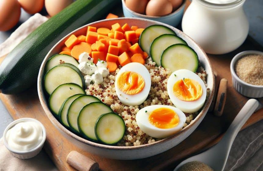 Quinoa aux Carottes et Œufs Durs avec Courgettes Vapeur et Yaourt Nature