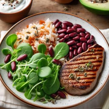 Escalope de Veau aux Riz et Haricots Rouges avec Mâche et Yaourt Nature