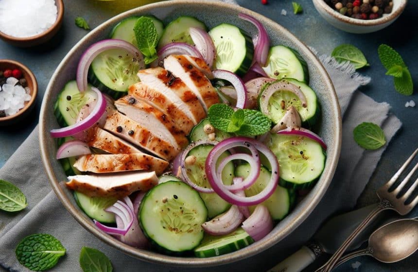 Salade de Concombre, Poulet et Oignons Rouges