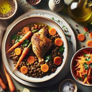 Lentilles mijotées avec des carottes, poulet rôti et salade de carottes râpées