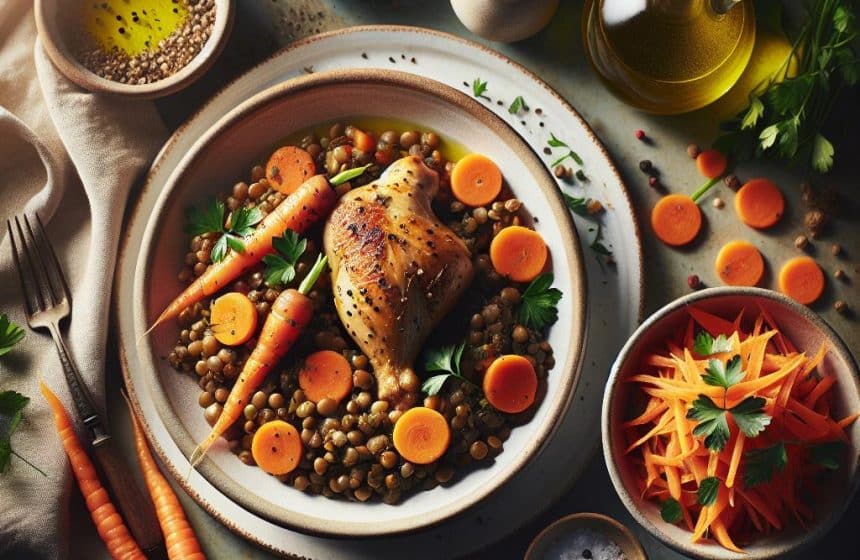 Lentilles mijotées avec des carottes, poulet rôti et salade de carottes râpées