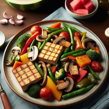 Tofu Grillé avec Poêlée de Légumes Maison et Tranche de Pastèque