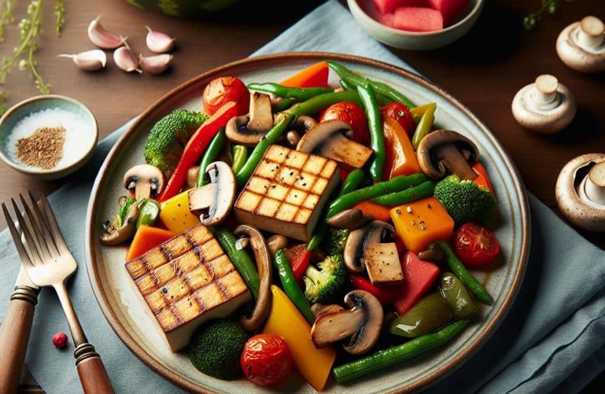 Tofu Grillé avec Poêlée de Légumes Maison et Tranche de Pastèque