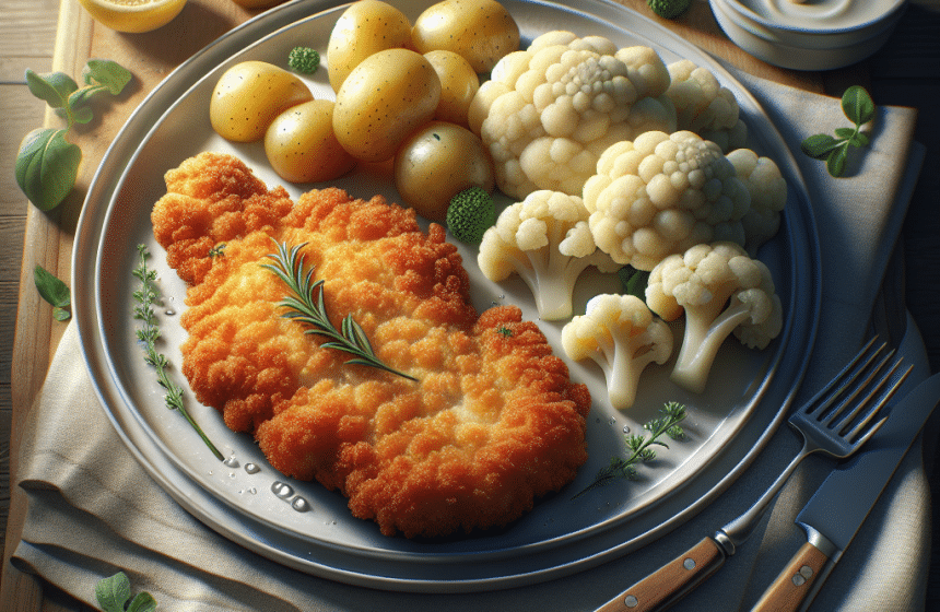 Escalope de Poulet Panée avec Pommes de Terre Vapeur et Chou-Fleur