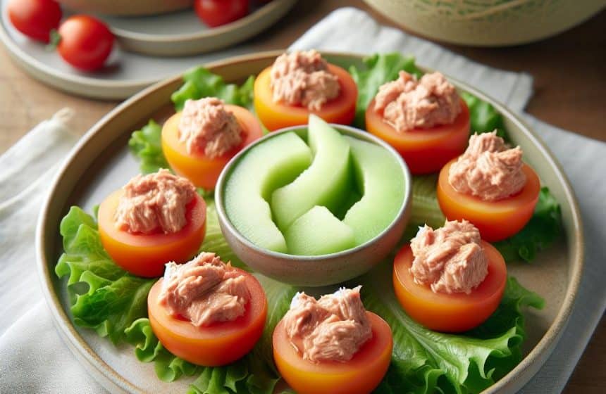 Tomates Farcies au Thon Accompagnées de Laitue et Melon
