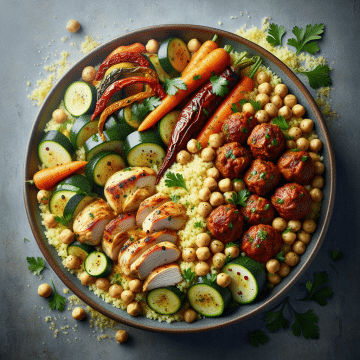 Couscous aux Légumes, Poulet, Merguez et Boulettes de Bœuf