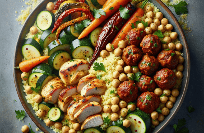 Couscous aux Légumes, Poulet, Merguez et Boulettes de Bœuf