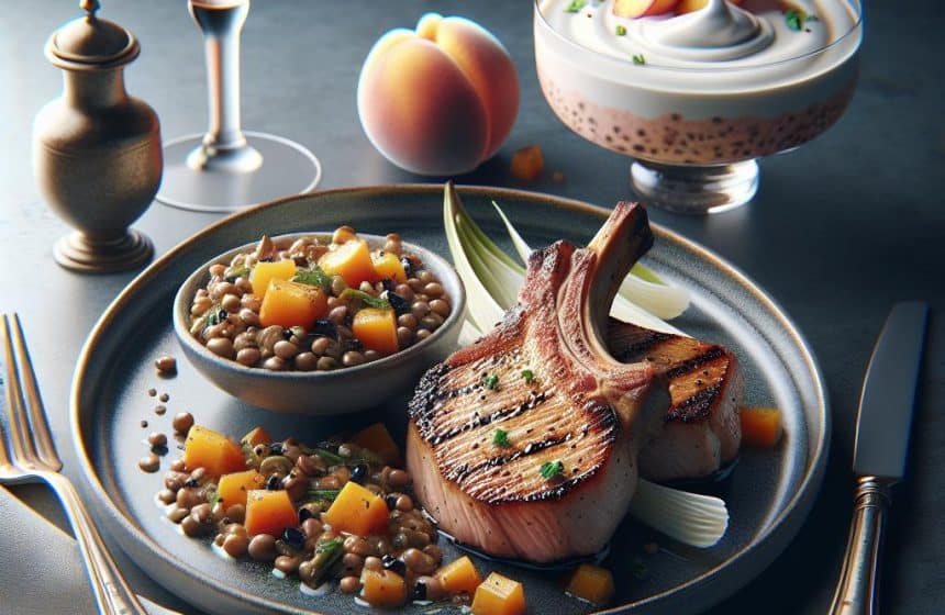 Côte de Porc aux Lentilles et Endives, suivi d’un Yaourt aux Morceaux de Pêche