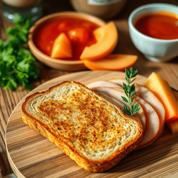 Dîner Équilibré : Jambon, Pain Grillé, Soupe de Tomates et Melon