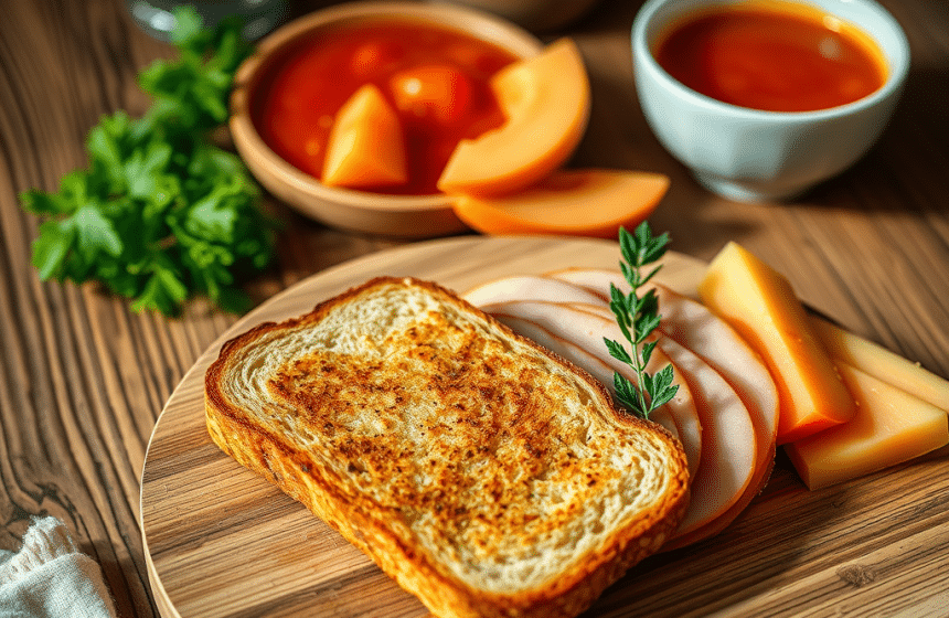 Dîner Équilibré : Jambon, Pain Grillé, Soupe de Tomates et Melon