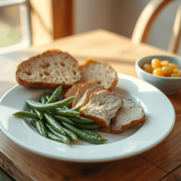 Rôti de Porc aux Haricots Verts avec Pain Complet et Compote de Pomme