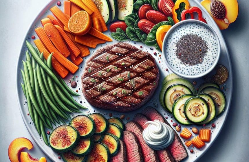 Steak Haché avec Poêlée de Légumes et Haricots Verts, Skyr aux Graines de Chia et Nectarine