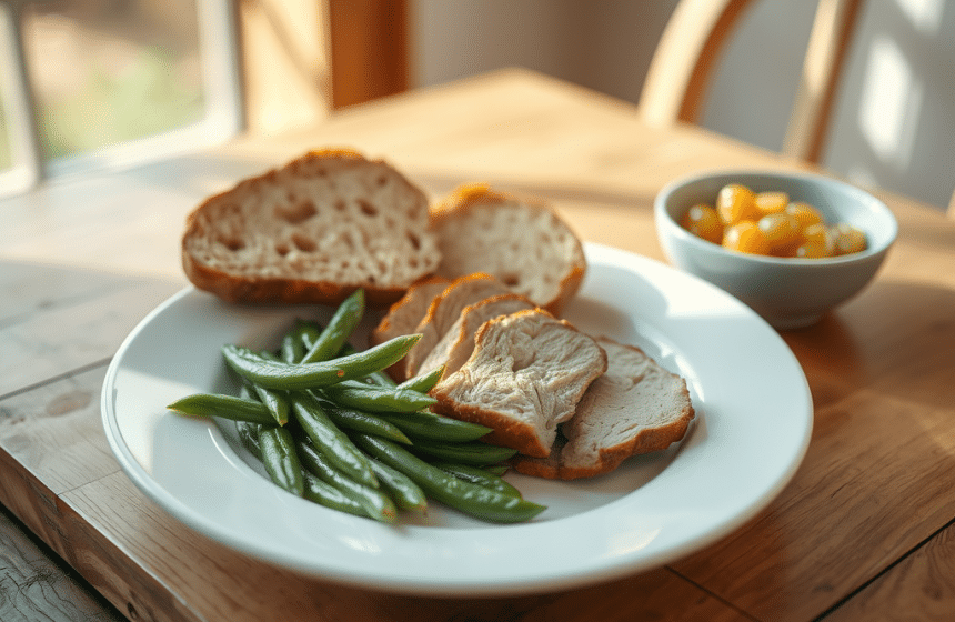Rôti de Porc aux Haricots Verts avec Pain Complet et Compote de Pomme