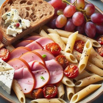 Penne au Blé Complet avec Jambon, Tomates Concassées, Pain Complet au Fromage de Chèvre et Raisin Muscat