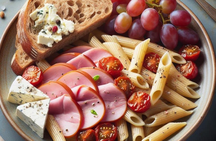 Penne au Blé Complet avec Jambon, Tomates Concassées, Pain Complet au Fromage de Chèvre et Raisin Muscat