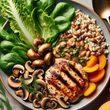 Escalope de Poulet aux Champignons et Mâche, accompagnée de Blé Ebly et Abricots