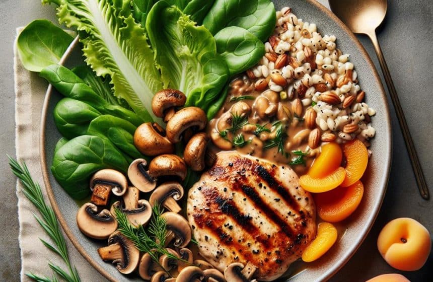 Escalope de Poulet aux Champignons et Mâche, accompagnée de Blé Ebly et Abricots