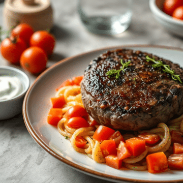 Steak Haché de Bœuf avec Pâtes et Tomates, suivi d’un Yaourt Nature