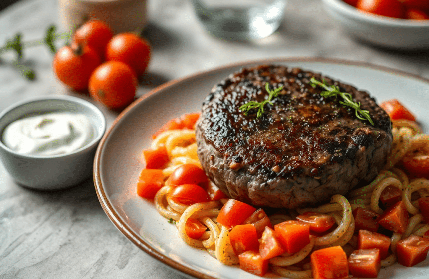 Steak Haché de Bœuf avec Pâtes et Tomates, suivi d&rsquo;un Yaourt Nature