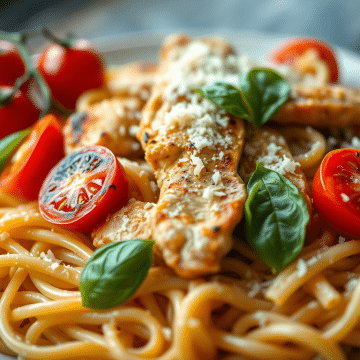 Pâtes, escalope de poulet et tomates cerises