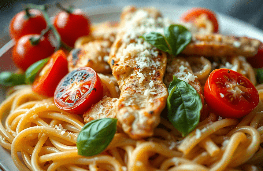 Pâtes, escalope de poulet et tomates cerises