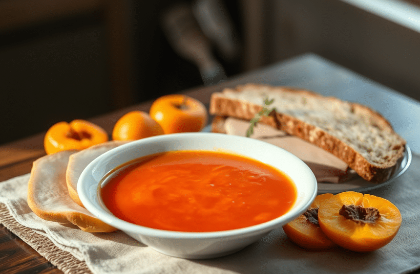Soupe de Tomates et Jambon Blanc avec Pain Complet et Abricots
