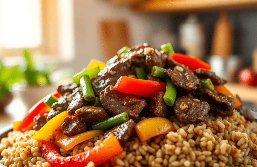 Bœuf Sauté aux Poivrons avec Riz Complet et Yaourt Caramel