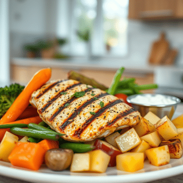 Assiette Colorée de Poulet Grillé et Légumes Variés