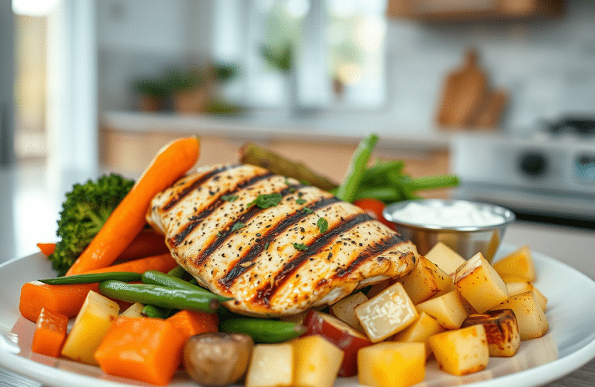 Assiette Colorée de Poulet Grillé et Légumes Variés