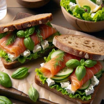 Sandwichs de Truite Fumée au Chèvre Frais et Basilic avec Salade Verte