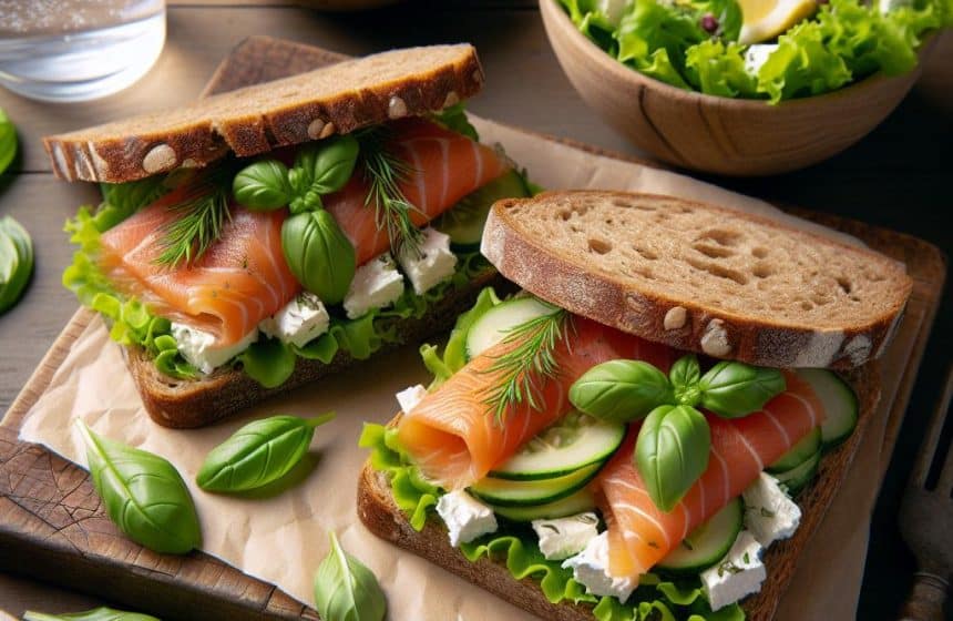 Sandwichs de Truite Fumée au Chèvre Frais et Basilic avec Salade Verte