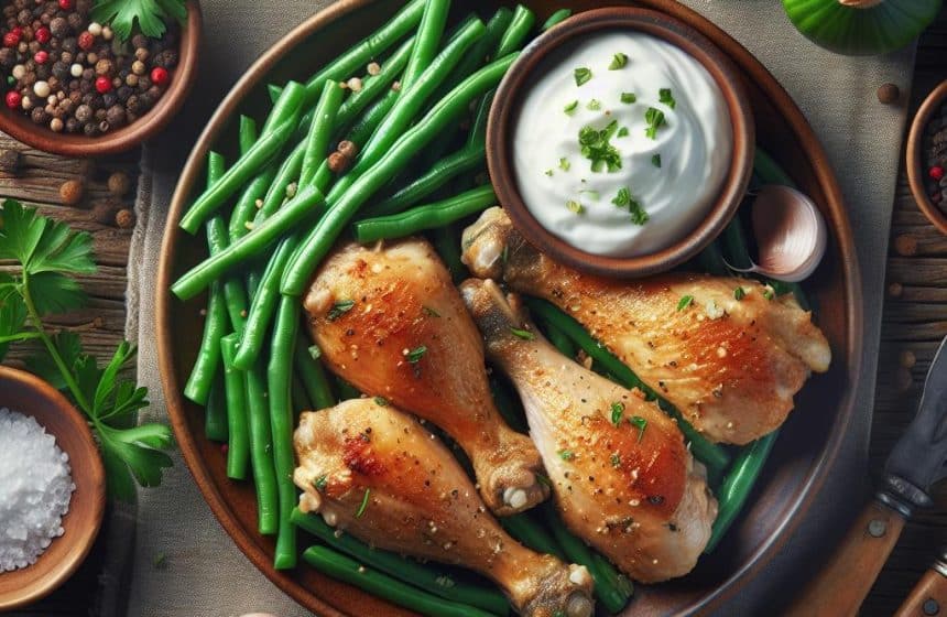 Pilons de Poulet Rôtis aux Haricots Verts et Yaourt