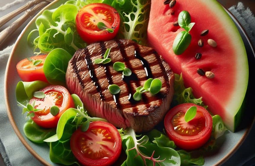 Steak de Veau à la Mâche et à la Tomate, accompagné de Pastèque