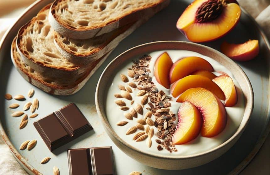 Pain au Levain et Graines avec Yaourt de Soja, Nectarine et Chocolat Noir