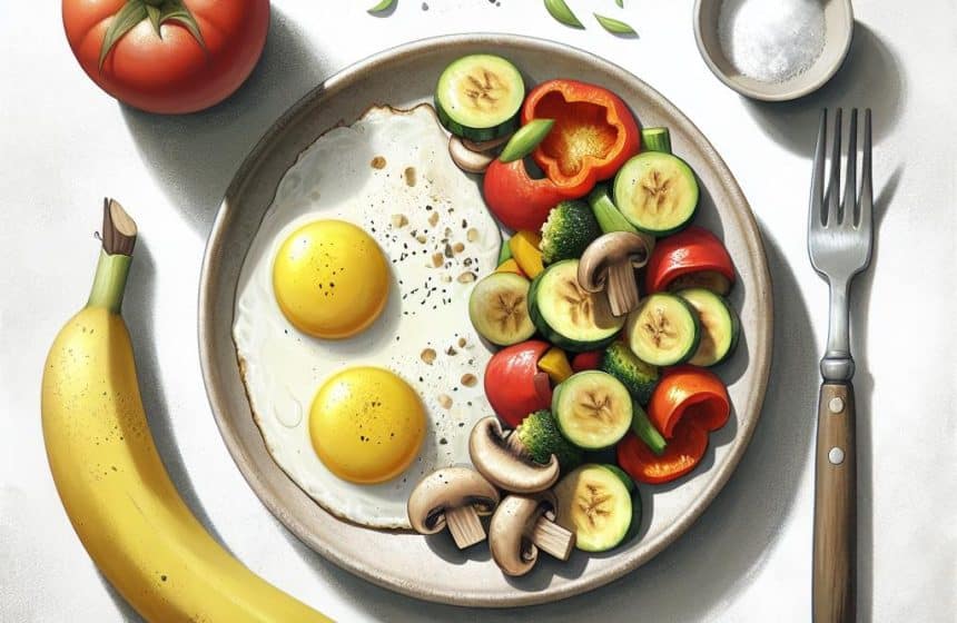 Œufs sur le Plat avec Poêlée de Légumes et Banane